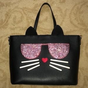 NEW Cat Glitter Tote Bag Large Black Faux Leather